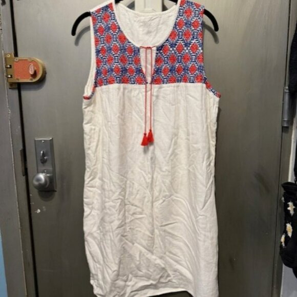 Boho Red, White & Blue Embroidery Sleeveless Linen Peasant Shift Mini dress - Picture 3 of 16